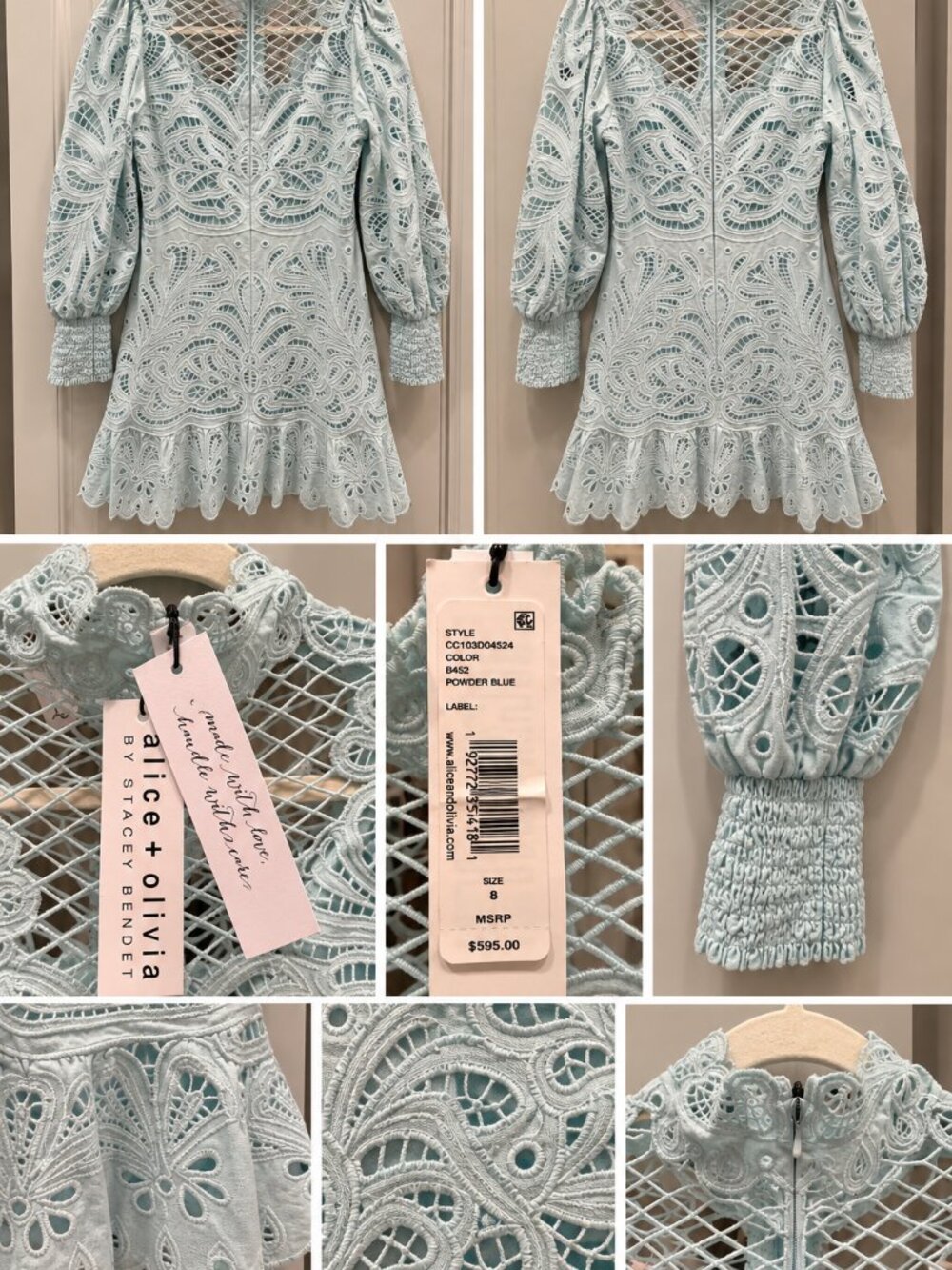 Alice + Olivia Powder Blue Lace Eyelet Mini Dress Size 8 NWT $595 - Picture 3 of 3